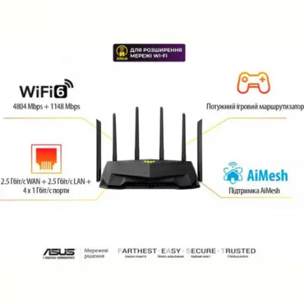 Беспроводной маршрутизатор Asus TUF Gaming TUF-AX6000 (AX6000, 1x2.5GE WAN, 1x2.5GE LAN, 4xGE LAN, AURA RGB lighting, 6 внешних антенн)