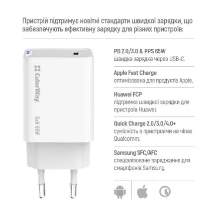Сетевое зарядное устройство ColorWay GaN Mini 65W PD Port PPS USB-C White (CW-CHS049PD-WT)