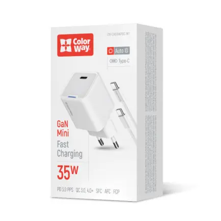 Сетевое зарядное устройство ColorWay GaN Mini 35W PD Port PPS USB-C White (CW-CHS056PDC-WT)