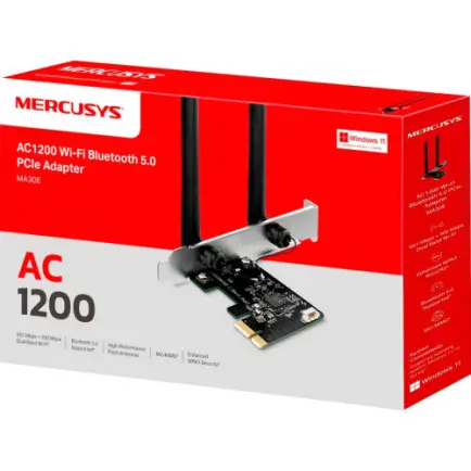 Беспроводной адаптер Mercusys MA30E (AC1200, PCIe, Wi-Fi 5, Bluetooth 5.0, OFDMA, MU-MIMO)