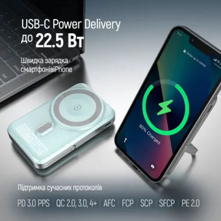 Универсальная мобильная батарея ColorWay 15W MagSafe & Watch Wireless 10000mAh Aquamarine (CW-PB100LPA2MT-WPDD)