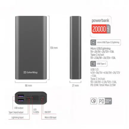 Універсальна мобільна батарея ColorWay 20000mAh Gray (CW-PB200LPH3GR-PDD)