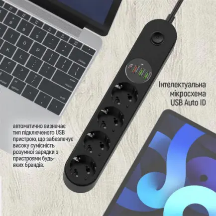 Фильтр питания ColorWay CW-CHE44PDB 4 розетки, 4USB (Type-C PD20W + 3USB QC3.0)