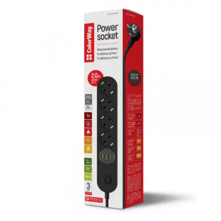 Фильтр питания ColorWay CW-CHE44PDB 4 розетки, 4USB (Type-C PD20W + 3USB QC3.0)