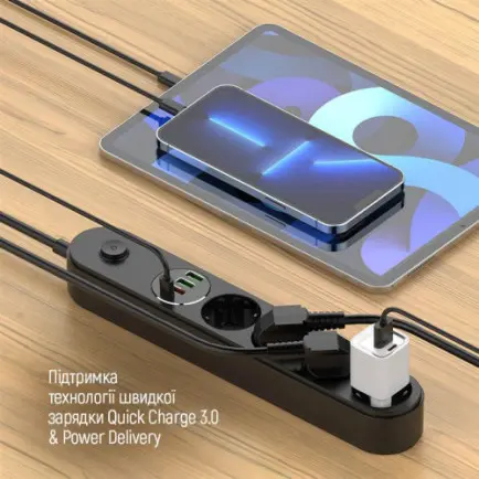 Фильтр питания ColorWay CW-CHE44PDB 4 розетки, 4USB (Type-C PD20W + 3USB QC3.0)