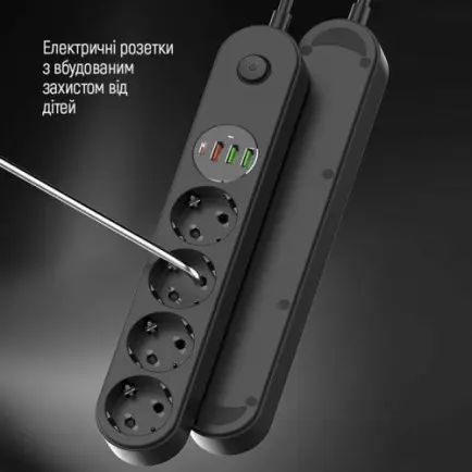 Фильтр питания ColorWay CW-CHE44PDB 4 розетки, 4USB (Type-C PD20W + 3USB QC3.0)