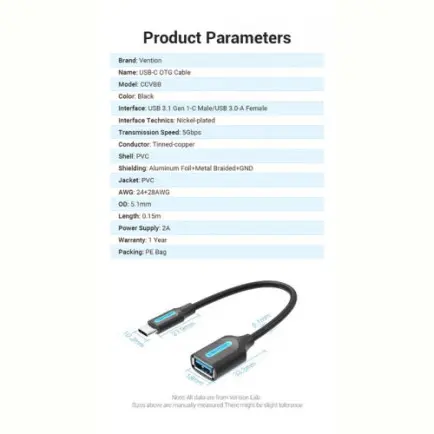 Кабель Vention USB 3.1 Type-C - OTG USB3.0 AF, 0.15 m, Black (CCVBB)