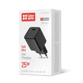 Сетевое зарядное устройство ColorWay GaN Mini 25W PD Port PPS USB-C Black (CW-CHS052PD-BK)