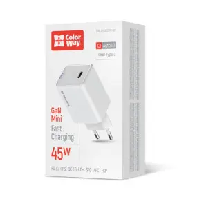 Сетевое зарядное устройство ColorWay GaN Mini 45W PD Port PPS USB-C White (CW-CHS057PD-WT)