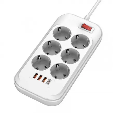 Фільтр живлення ColorWay CW-CHE64PDW 6 розеток, 4USB (Type-C PD20W + 3USB QC3.0)