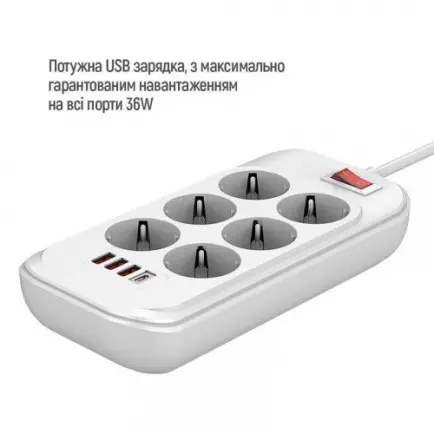 Фільтр живлення ColorWay CW-CHE64PDW 6 розеток, 4USB (Type-C PD20W + 3USB QC3.0)