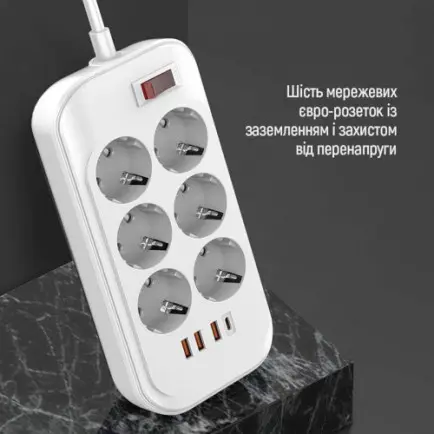 Фільтр живлення ColorWay CW-CHE64PDW 6 розеток, 4USB (Type-C PD20W + 3USB QC3.0)