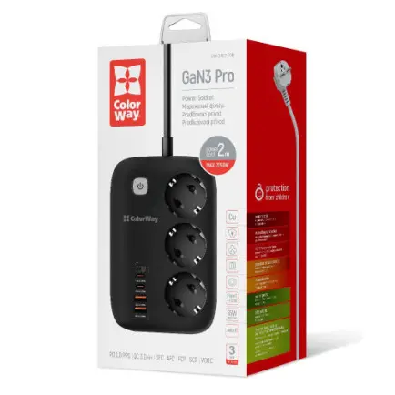 Фільтр живлення ColorWay CW-CHE34PDB GaN3 Pro PD 65W (2USB-A + 2 TYPE-C)