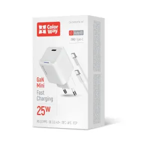 Сетевое зарядное устройство ColorWay GaN Mini 25W PD Port PPS USB-C White (CW-CHS052PDC-WT)