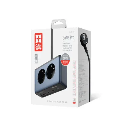 Фільтр живлення ColorWay CW-CHE25PDB 45W 2 розетки, 1xUSB-A 2xUSB-C, 2 м, синій