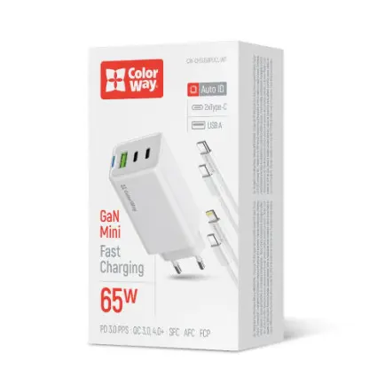 Сетевое зарядное устройство ColorWay GaN Mini 65W PD Port PPS USB (USB-2C1A)