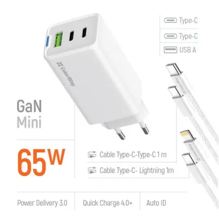 Сетевое зарядное устройство ColorWay GaN Mini 65W PD Port PPS USB (USB-2C1A)