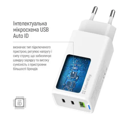 Сетевое зарядное устройство ColorWay GaN Mini 65W PD Port PPS USB (USB-2C1A)