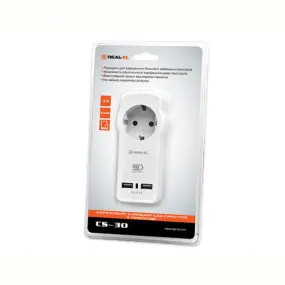 Мережевий зарядний пристрій з розеткою REAL-EL CS-30 (2USB, 3.1A)