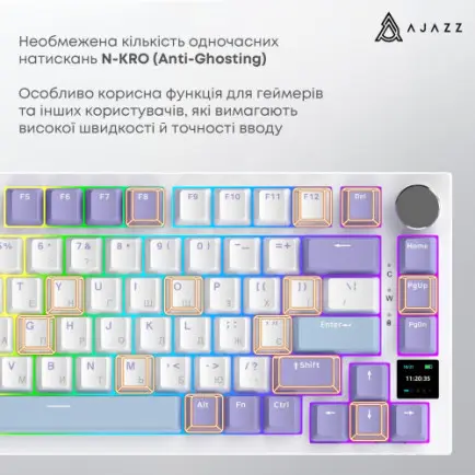 Клавіатура бездротова Ajazz AK820 Pro Flying Fish Switch Purple RGB With Screen (AK820PRO-FF-PWB)