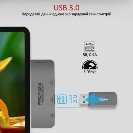 Концентратор USB Type-C Promate PadHub-Pro 4 in 1 Grey (padhub-pro.grey)
