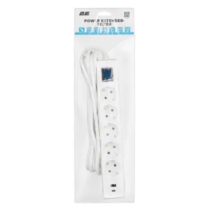 Мережевий фільтр 2E 5хSchuko, 1 х USB, 1 x USB-C, 3 м (2E-SP515M3USBWH)