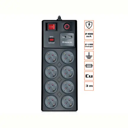 Фильтр питания REAL-EL RS-8F USB CHARGE 3.0m Black
