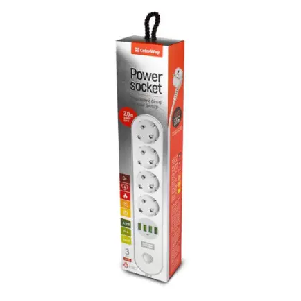 Фильтр питания ColorWay CW-CHE44W 4 розетки, 4 USB, 2 м, белый