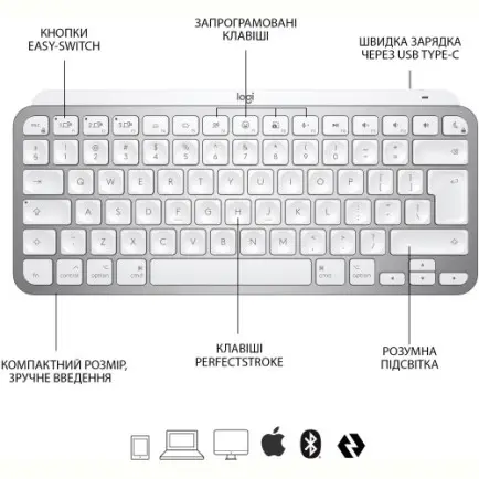 Клавіатура бездротова Logitech MX Keys Mini For Mac Minimalist Wireless Illuminated Pale Grey (920-010526)