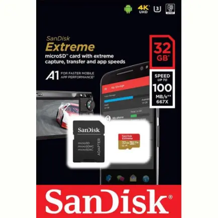 Карта памяти MicroSDHC  32GB UHS-I/U3 Class 10 SanDisk Extreme A1 R100/W60MB/s + SD-adapter (SDSQXAF-032G-GN6MA)