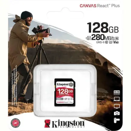 Карта пам`яті SDXC 128GB UHS-II/U3 Class 10 Kingston Canvas React Plus V60 SD R280/W100MB/s (SDR2V6/128GB)