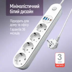 Фільтр живлення ColorWay CW-CHE44PDW 4 розетки, 4USB (Type-C PD20W + 3USB QC3.0)