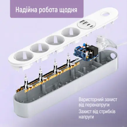 Фільтр живлення ColorWay CW-CHE44PDW 4 розетки, 4USB (Type-C PD20W + 3USB QC3.0)