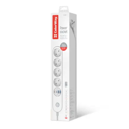Фільтр живлення ColorWay CW-CHE44PDW 4 розетки, 4USB (Type-C PD20W + 3USB QC3.0)