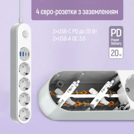Фільтр живлення ColorWay CW-CHE44PDW 4 розетки, 4USB (Type-C PD20W + 3USB QC3.0)