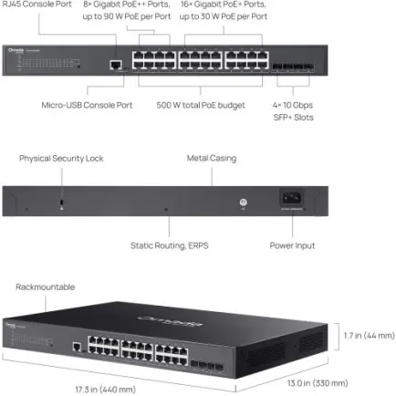 Коммутатор TP-Link Omada SG3428XMPP (16xGE PoE+, 8xGE PoE++, 4xSFP+, PoE 500 Вт, Omada SDN, L2+, RM)