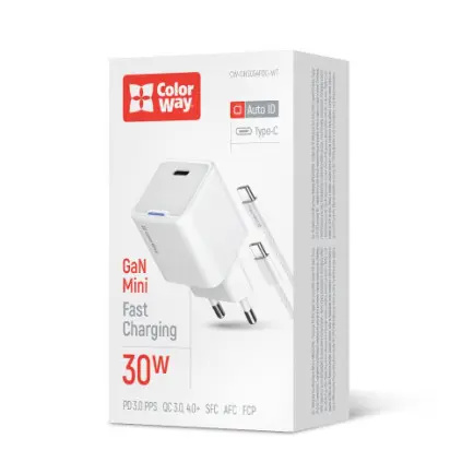 Мережевий зарядний пристрій ColorWay GaN Mini 30W PD Port PPS USB-C White (CW-CHS054PDC-WT)