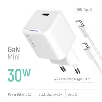 Мережевий зарядний пристрій ColorWay GaN Mini 30W PD Port PPS USB-C White (CW-CHS054PDC-WT)