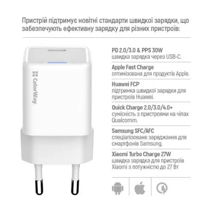Мережевий зарядний пристрій ColorWay GaN Mini 30W PD Port PPS USB-C White (CW-CHS054PDC-WT)