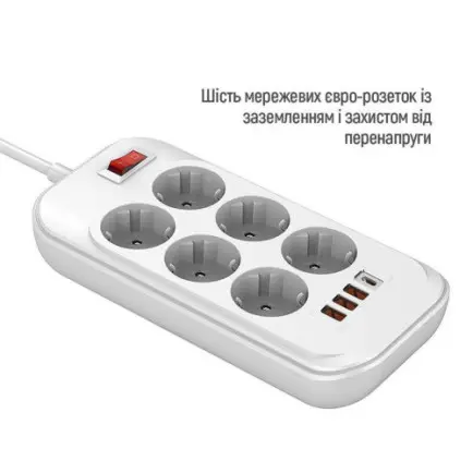 Фільтр живлення ColorWay CW-CHE64PDW 6 розеток, 4USB (Type-C PD20W + 3USB QC3.0)