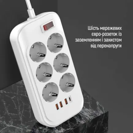 Фільтр живлення ColorWay CW-CHE64PDW 6 розеток, 4USB (Type-C PD20W + 3USB QC3.0)