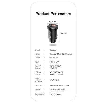 Автомобільний зарядний пристрій Essager Gyroscope Mini Charger USB-A + Type-C 30W Black (ECCAC-TL01)