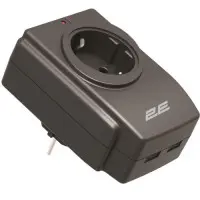 Сетевой адаптер 2E 1xТип F, 16A, 2xUSB-A, черный (2E-AD120U)