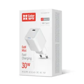 Сетевое зарядное устройство ColorWay GaN Mini 30W PD Port PPS USB-C White (CW-CHS054PD-WT)