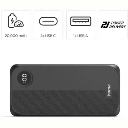 Універсальна мобільна батарея Hama 20000mAh 15W Black (00201755)