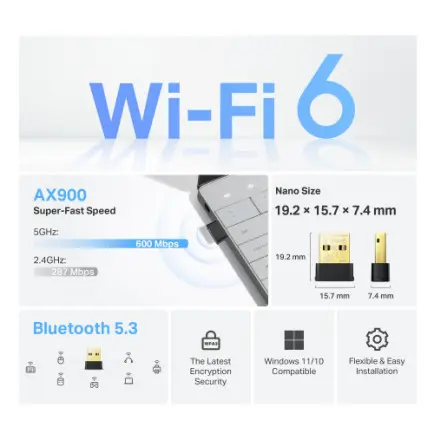 Беспроводной адаптер TP-Link Archer TX10UB Nano (AX900, Wi-Fi 6, Bluetooth USB-адаптер)