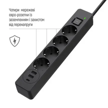 Фільтр живлення ColorWay CW-CHE435PDB 4 розетки, 3USB (2USB-A + 1 TYPE-C)