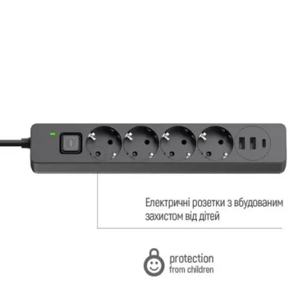 Фільтр живлення ColorWay CW-CHE435PDB 4 розетки, 3USB (2USB-A + 1 TYPE-C)