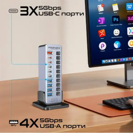 USB-хаб Promate GegaTower-60w USB Type-C Grey