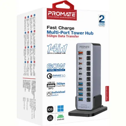 USB-хаб Promate GegaTower-60w USB Type-C Grey